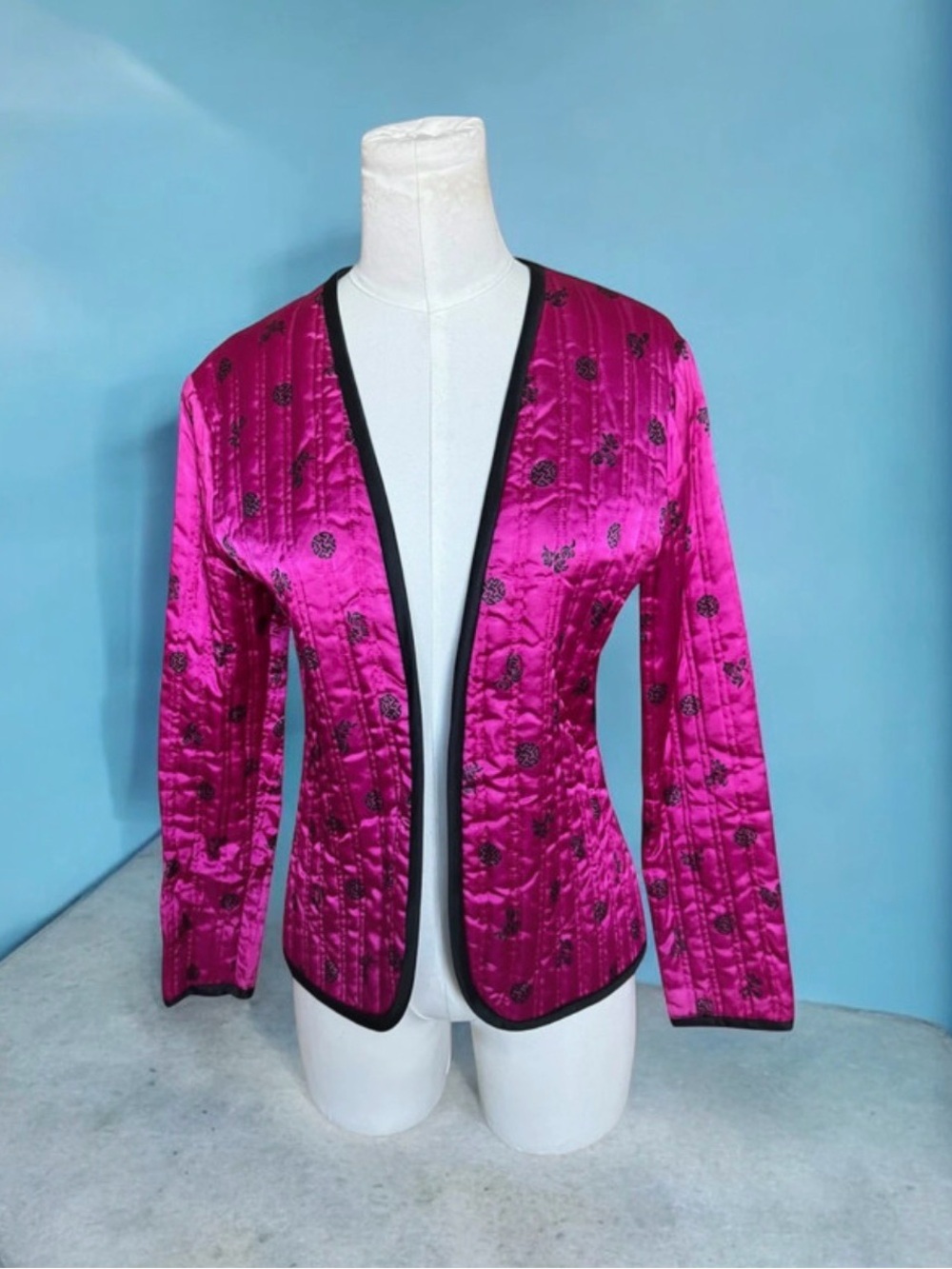 Vintage Fuchsia Pink Quilted Satin Jacket Asian-Inspired Open Front XS/S